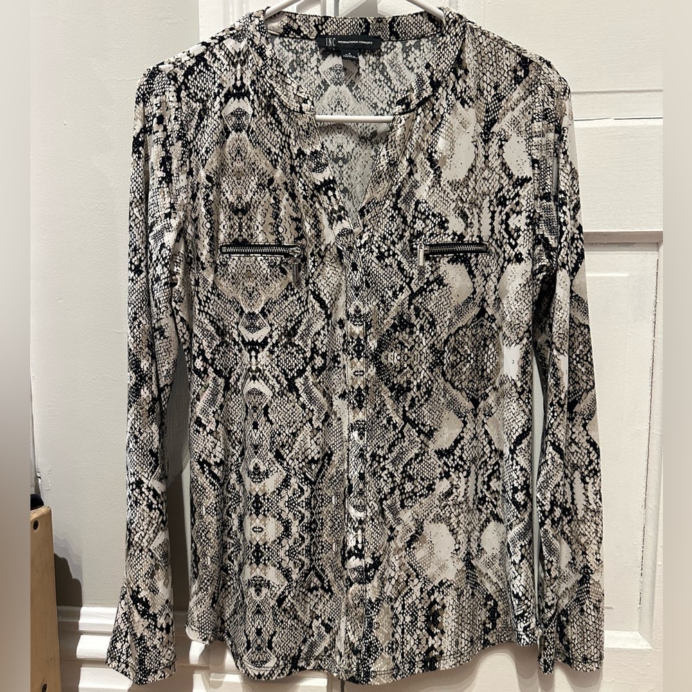 INC International Concepts Black and Cream Snake Print Button-Down Blouse